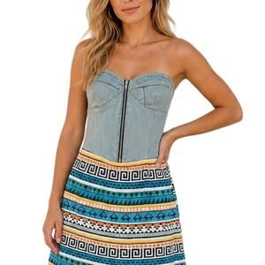Matilda Denim Tribal Printed Strapless Dress Sz LRG Western Y2K